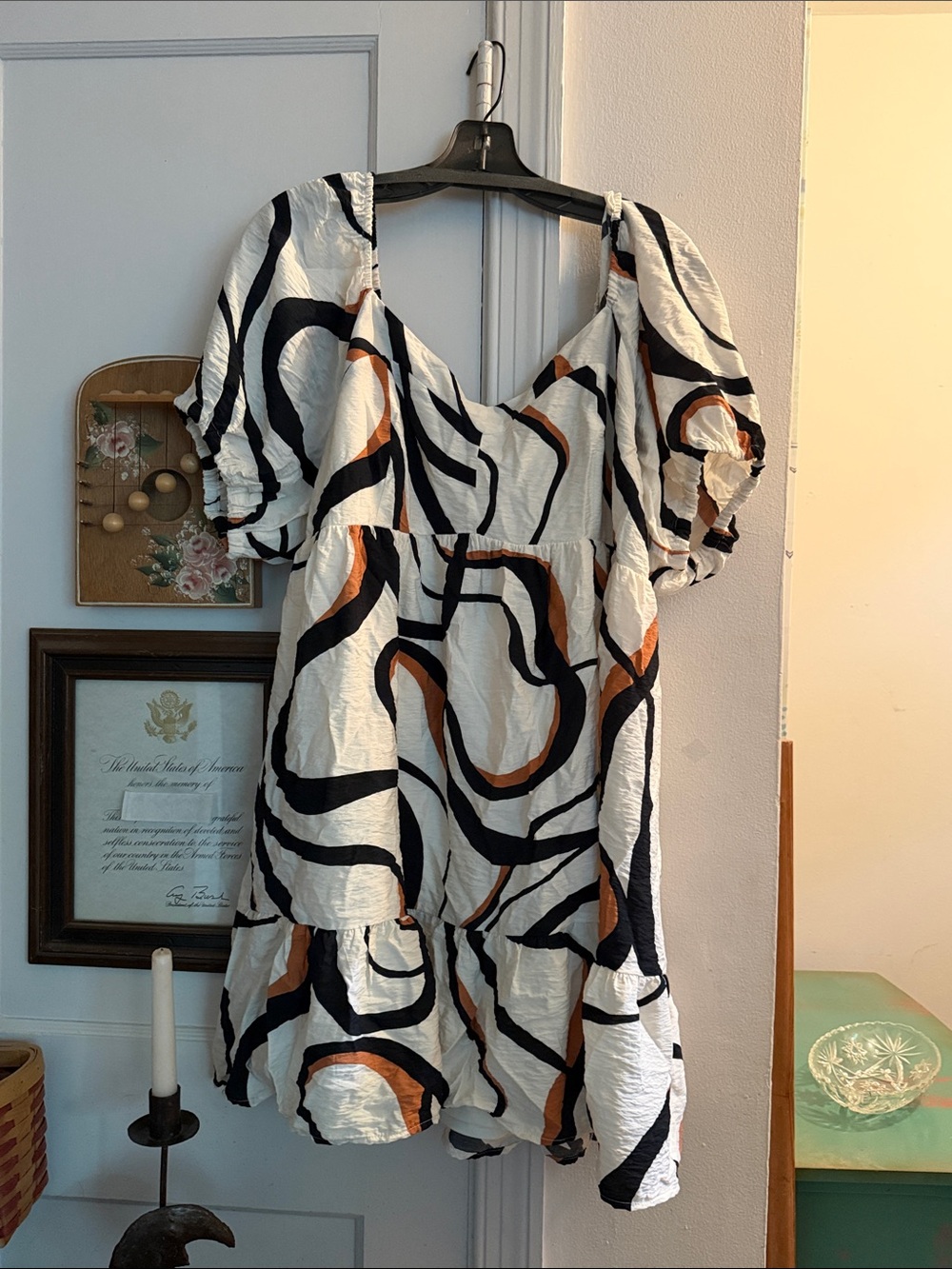 Nine West White Mini Dress with Black and Brown Swirl Print